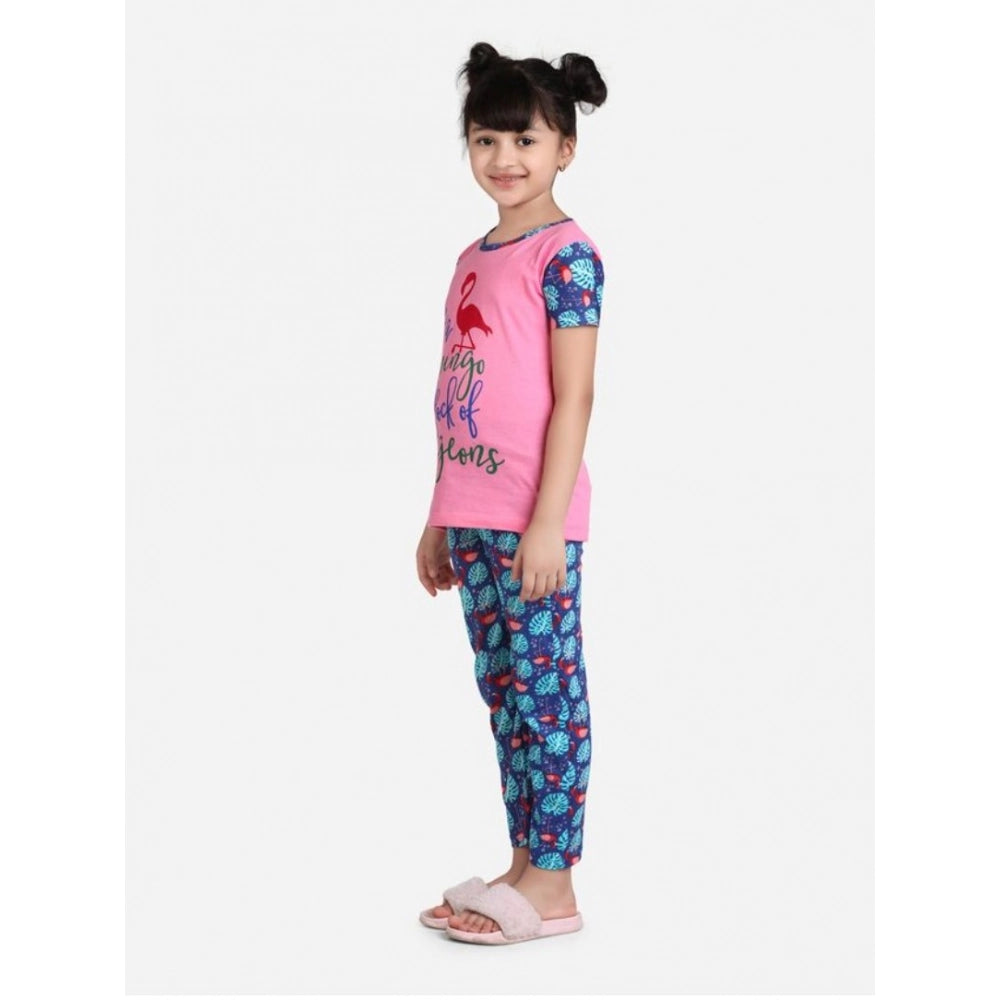 HamariDookan Girl's Cotton Hosiery Printed Night Suit Set (Pink-Blue)