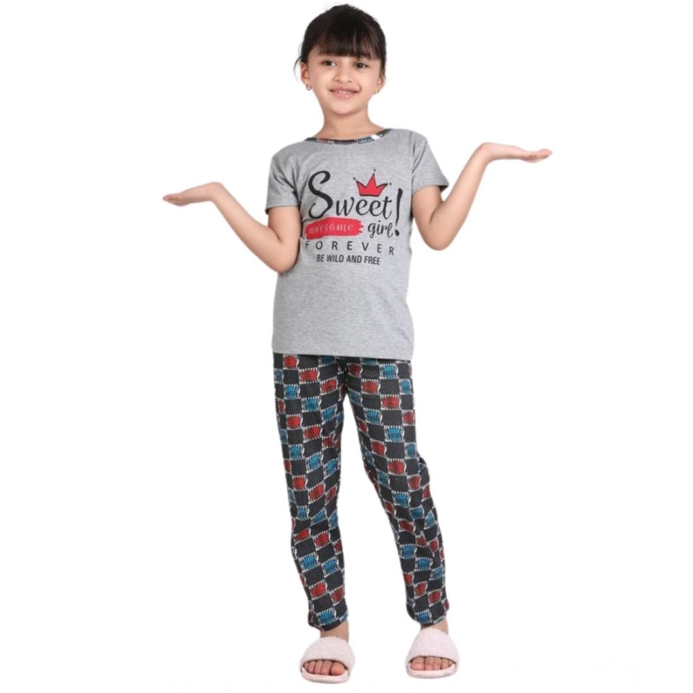 HamariDookan Girl's Cotton Hosiery Printed Night Suit Set (Grey-Red)