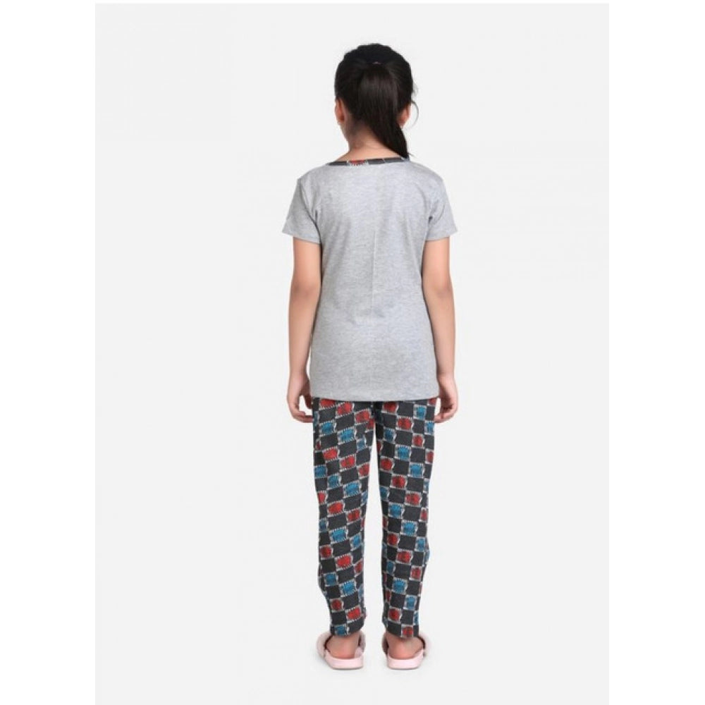 HamariDookan Girl's Cotton Hosiery Printed Night Suit Set (Grey-Red)