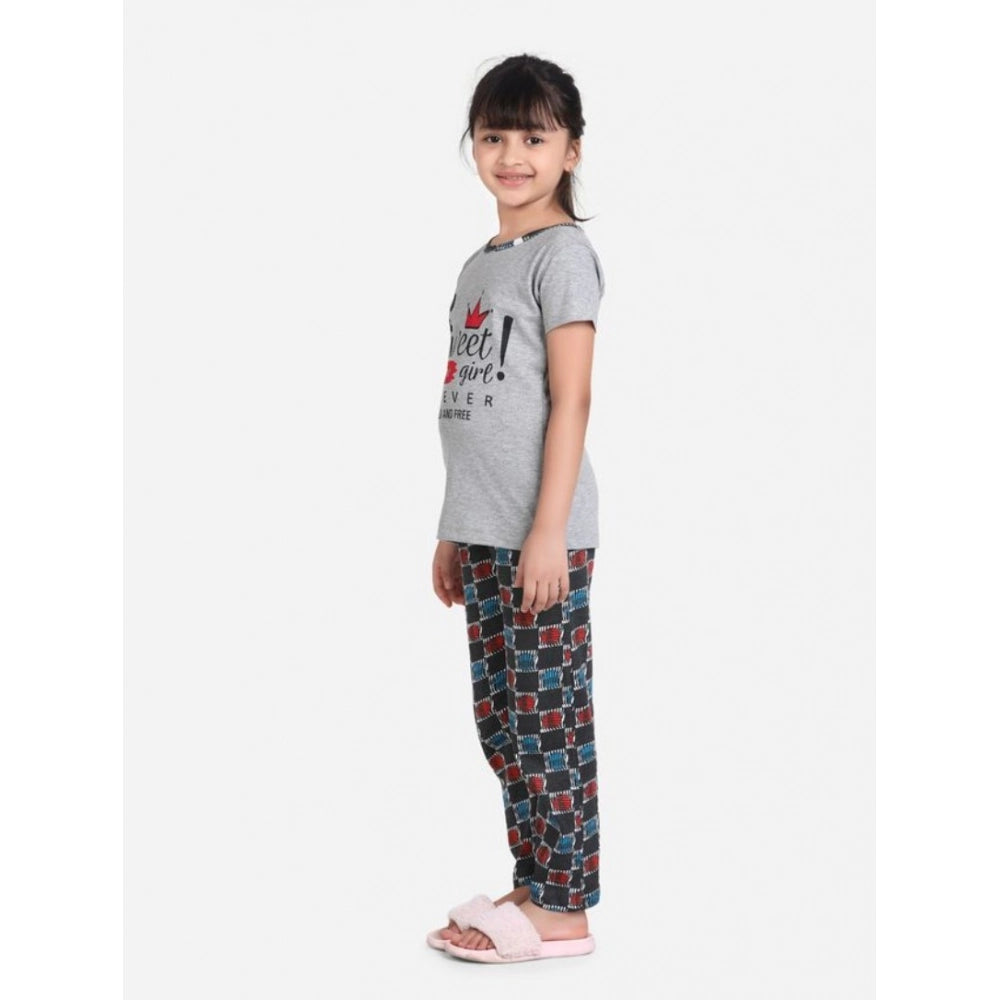 HamariDookan Girl's Cotton Hosiery Printed Night Suit Set (Grey-Red)