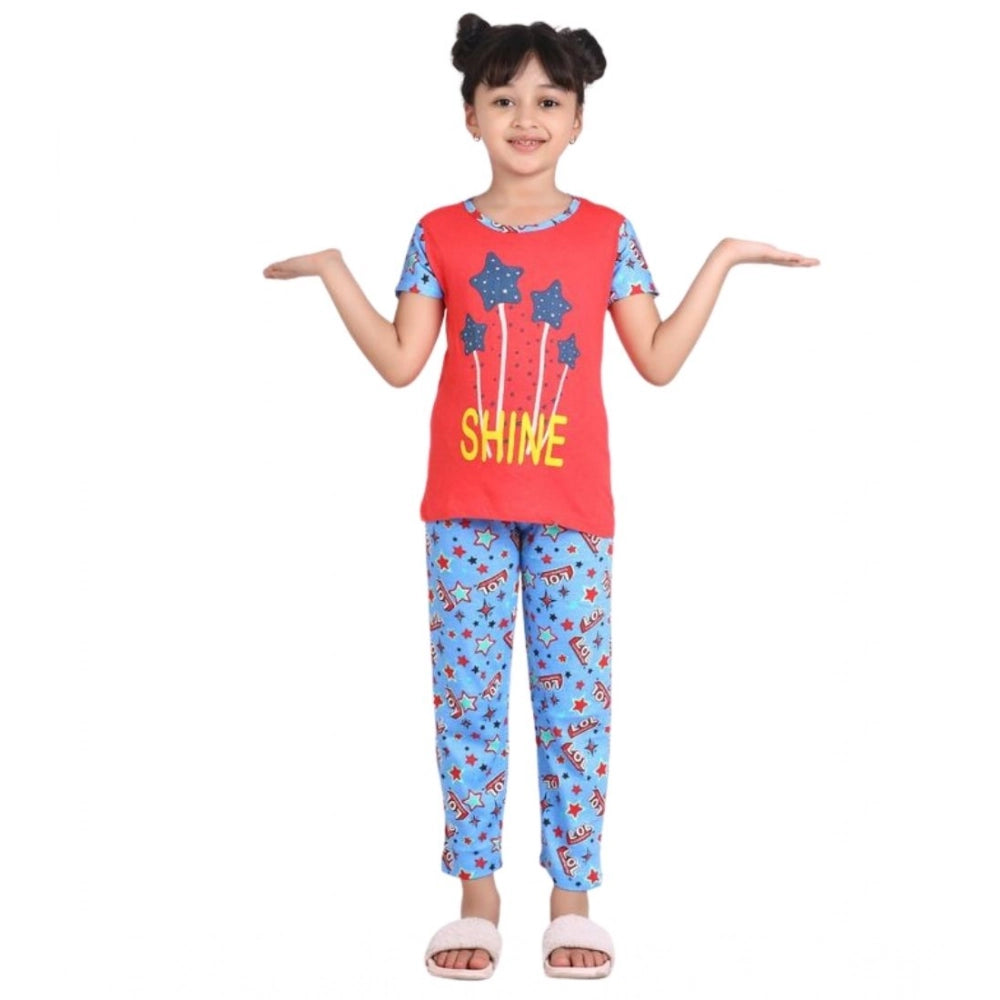 HamariDookan Girl's Cotton Hosiery Printed Night Suit Set (Red-Blue)