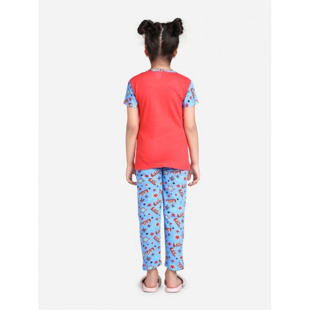 HamariDookan Girl's Cotton Hosiery Printed Night Suit Set (Red-Blue)