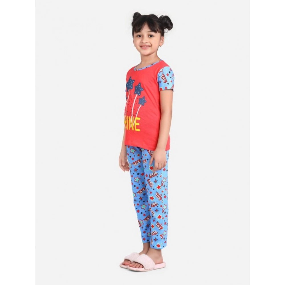 HamariDookan Girl's Cotton Hosiery Printed Night Suit Set (Red-Blue)