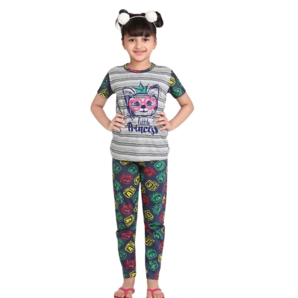HamariDookan Girl's Cotton Hosiery Printed Night Suit Set (Grey-Green)