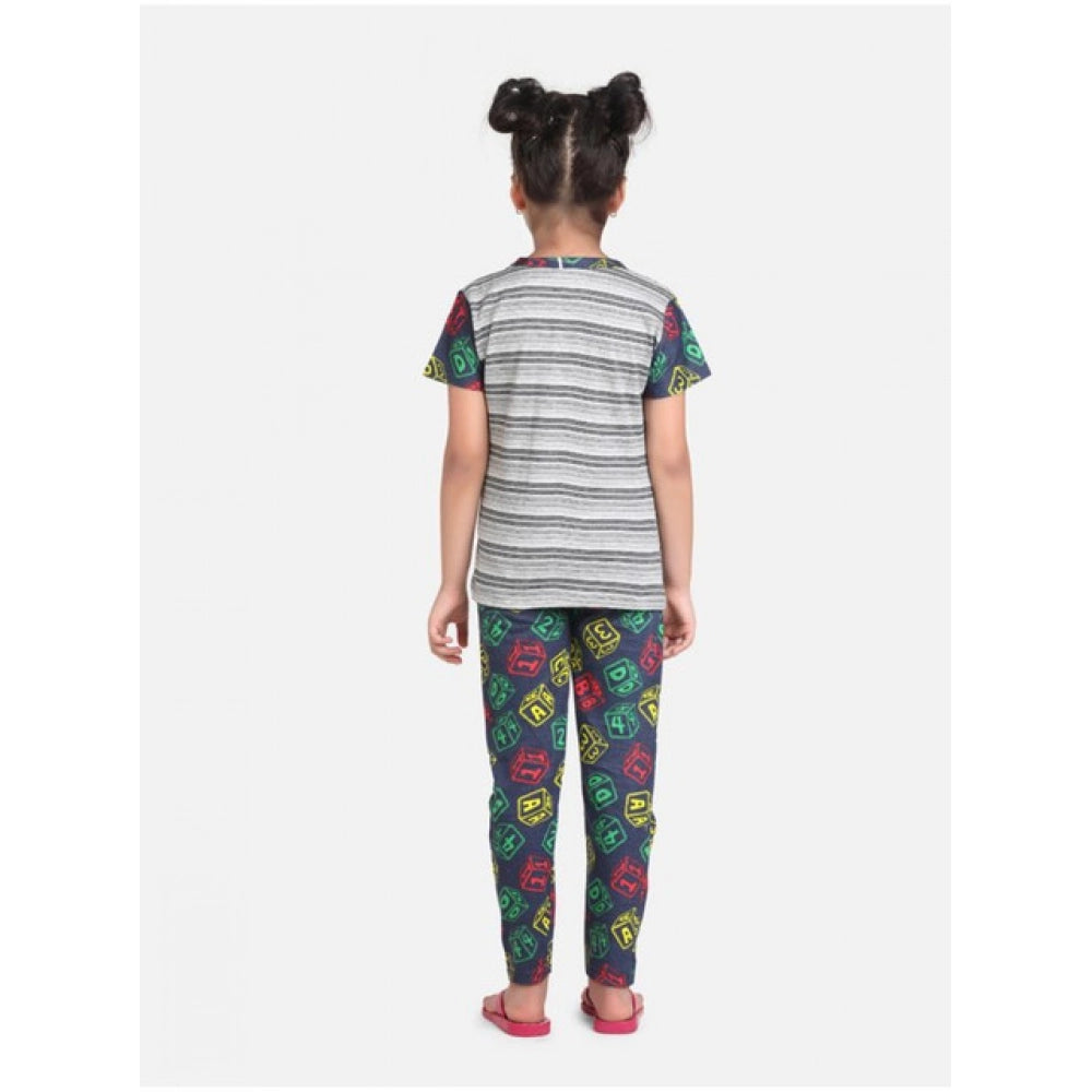 HamariDookan Girl's Cotton Hosiery Printed Night Suit Set (Grey-Green)