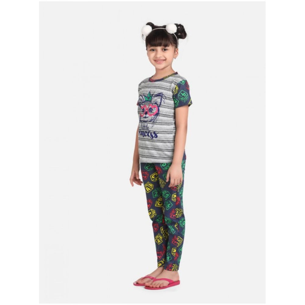 HamariDookan Girl's Cotton Hosiery Printed Night Suit Set (Grey-Green)