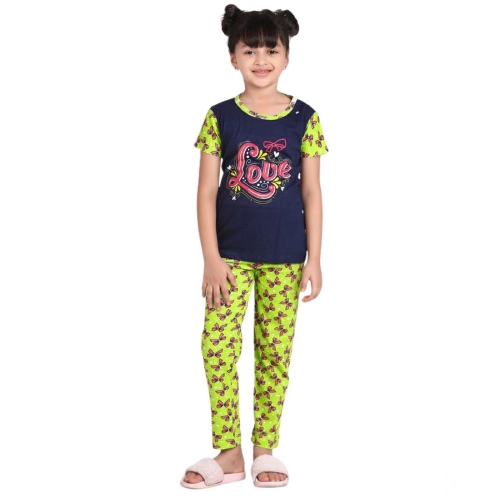 HamariDookan Girl's Cotton Hosiery Printed Night Suit Set (Navy-Green)
