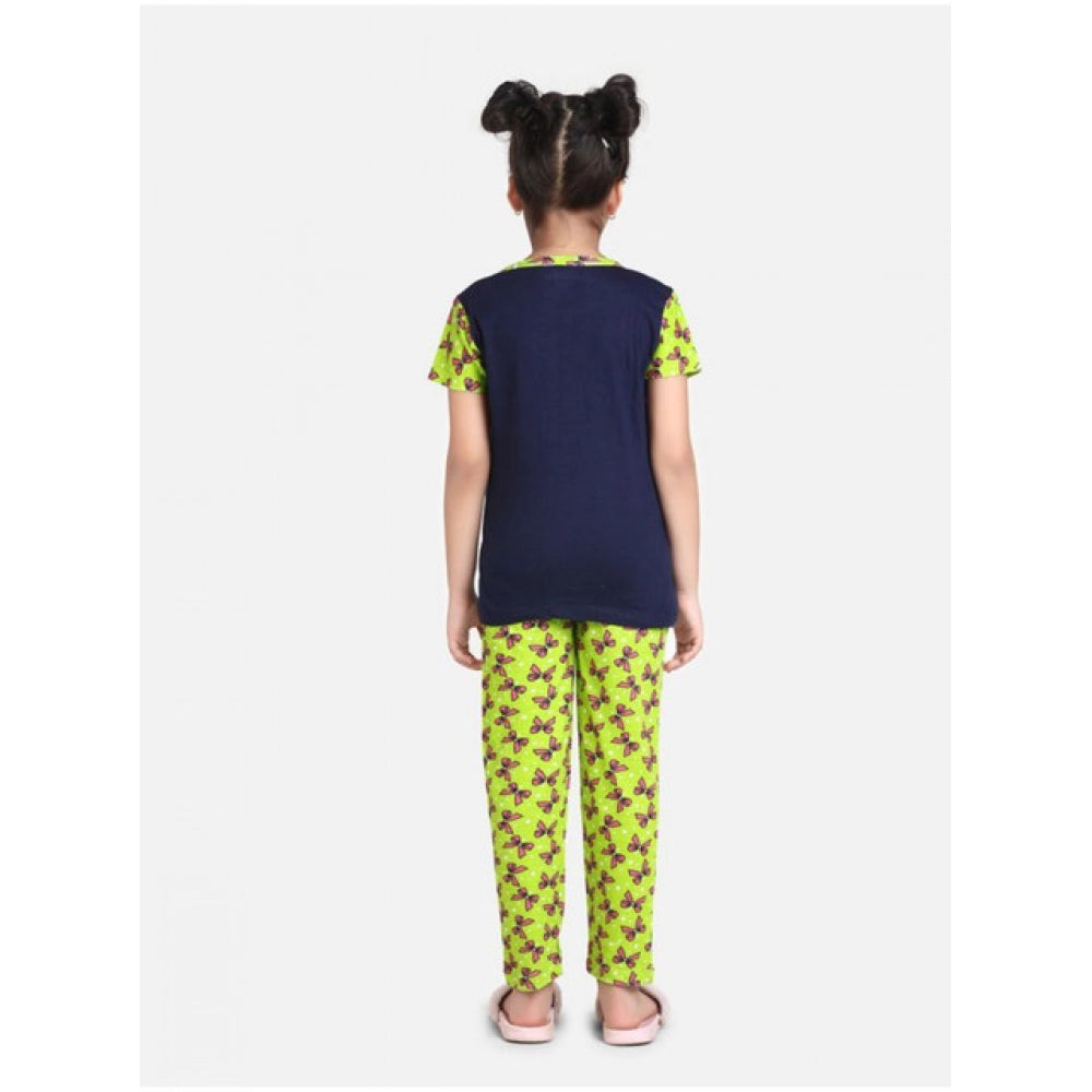 HamariDookan Girl's Cotton Hosiery Printed Night Suit Set (Navy-Green)