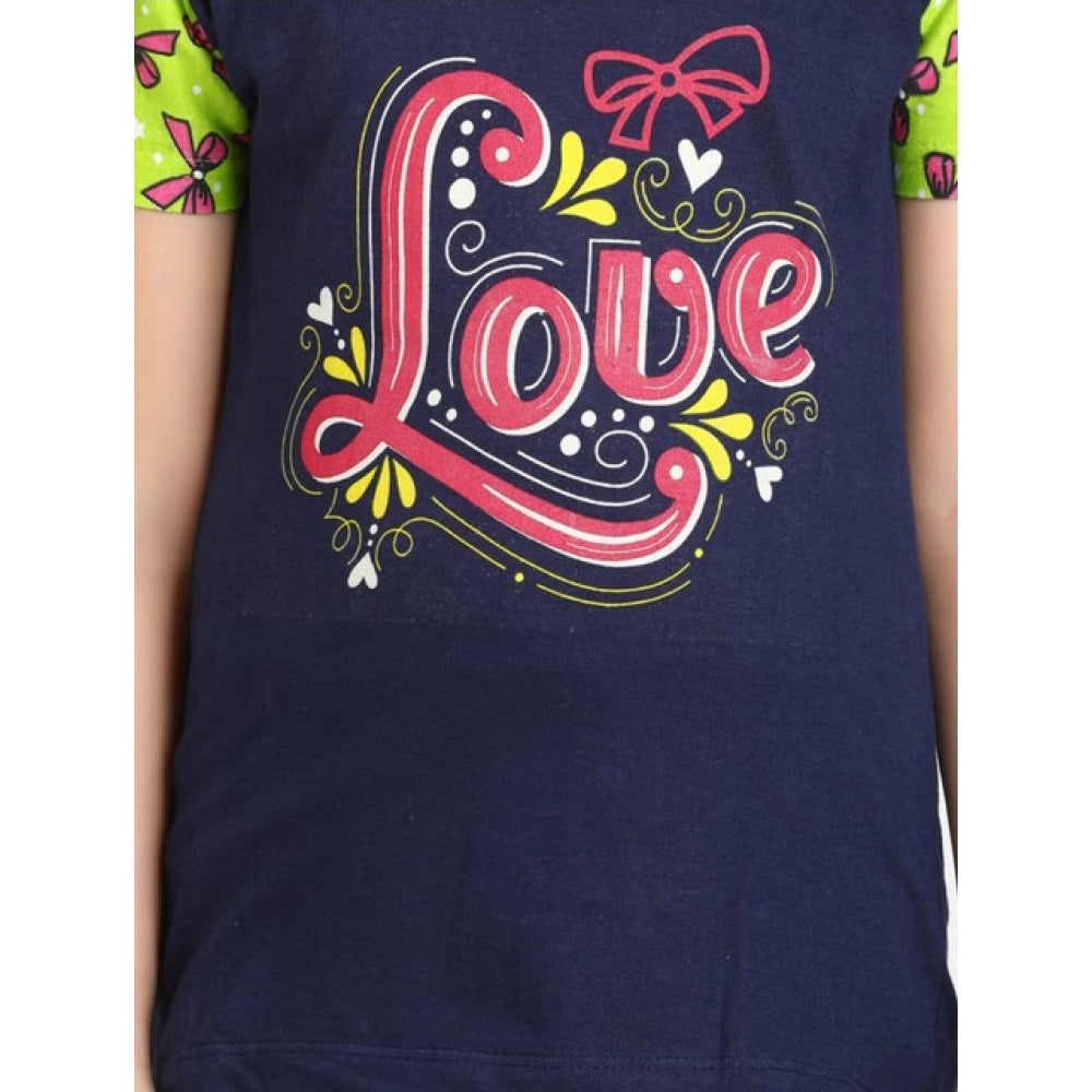 HamariDookan Girl's Cotton Hosiery Printed Night Suit Set (Navy-Green)