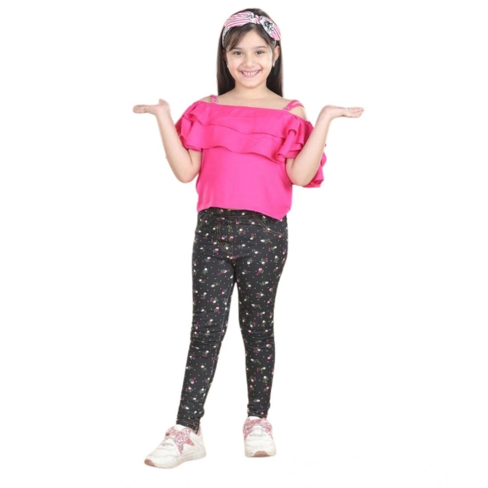HamariDookan Girl's Cotton Floral Elasticated Jegging and Top Set (Pink)