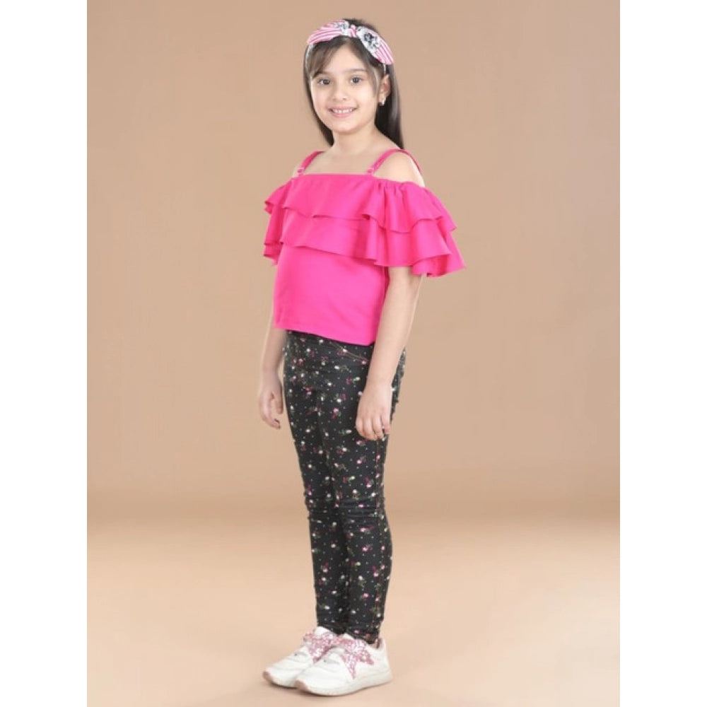 HamariDookan Girl's Cotton Floral Elasticated Jegging and Top Set (Pink)
