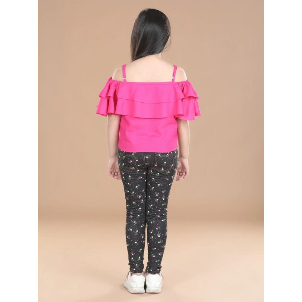 HamariDookan Girl's Cotton Floral Elasticated Jegging and Top Set (Pink)