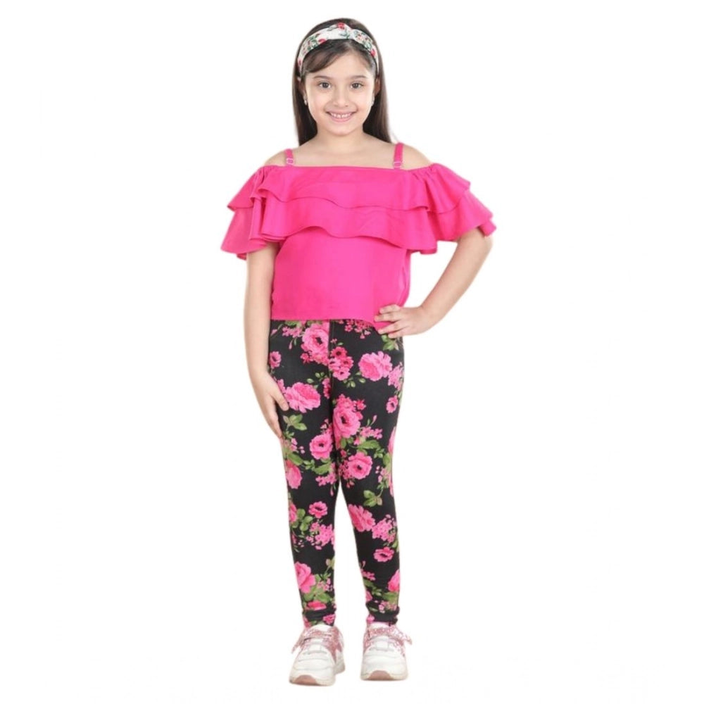 HamariDookan Girl's Cotton Floral Elasticated Jegging and Top Set (Black-Pink)