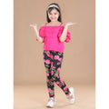 HamariDookan Girl's Cotton Floral Elasticated Jegging and Top Set (Black-Pink)