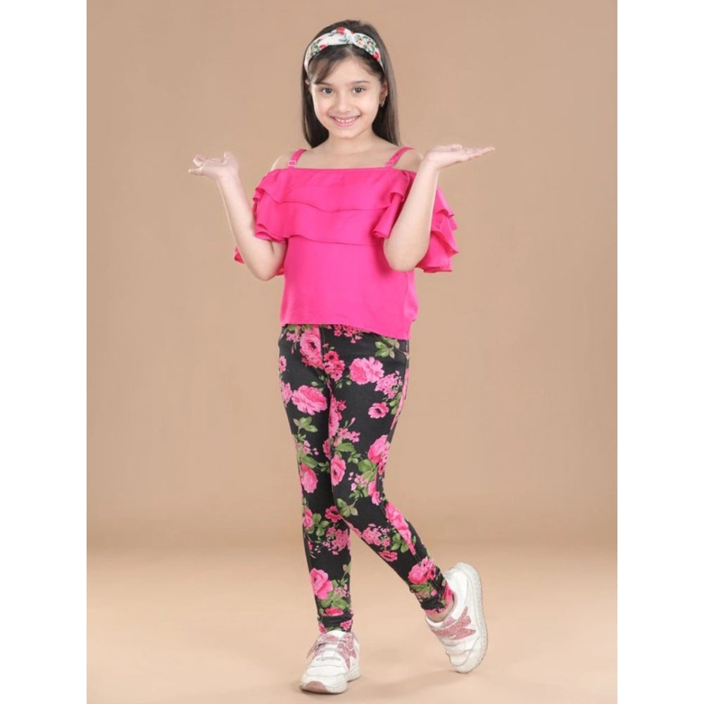 HamariDookan Girl's Cotton Floral Elasticated Jegging and Top Set (Black-Pink)