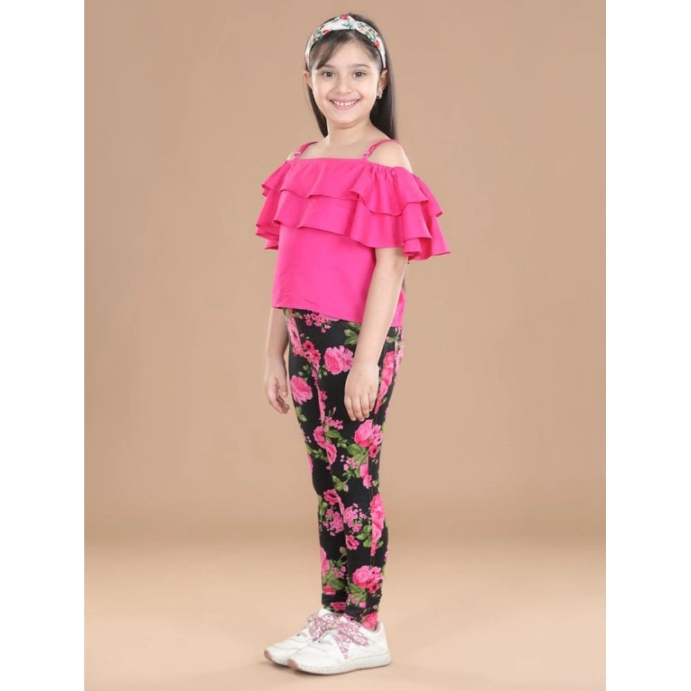 HamariDookan Girl's Cotton Floral Elasticated Jegging and Top Set (Black-Pink)