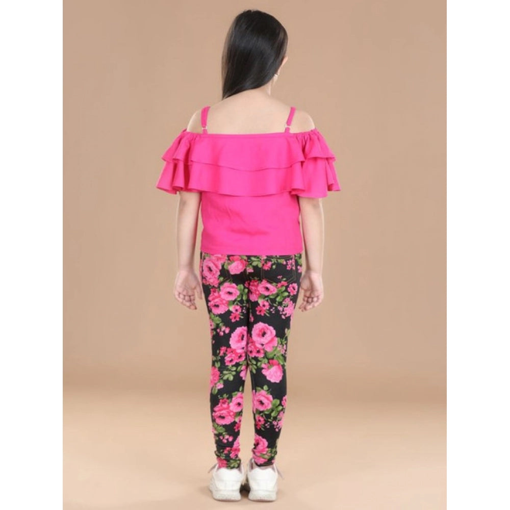 HamariDookan Girl's Cotton Floral Elasticated Jegging and Top Set (Black-Pink)