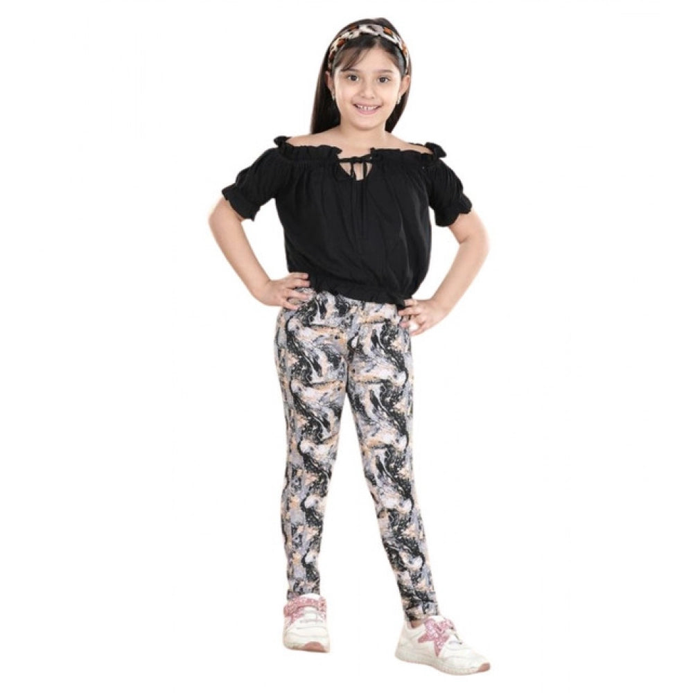 HamariDookan Girl's Cotton Floral Elasticated Jegging and Top Set (Black)