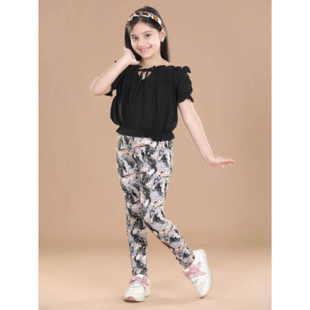HamariDookan Girl's Cotton Floral Elasticated Jegging and Top Set (Black)