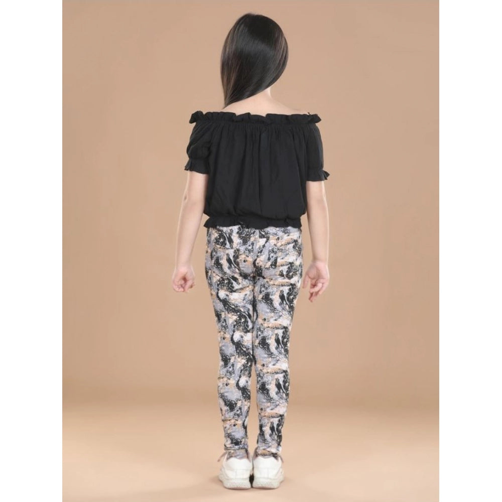 HamariDookan Girl's Cotton Floral Elasticated Jegging and Top Set (Black)