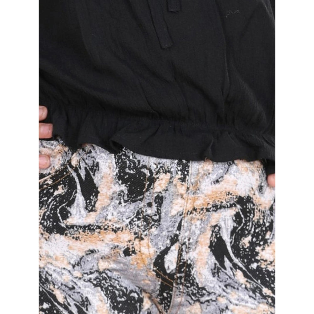 HamariDookan Girl's Cotton Floral Elasticated Jegging and Top Set (Black)