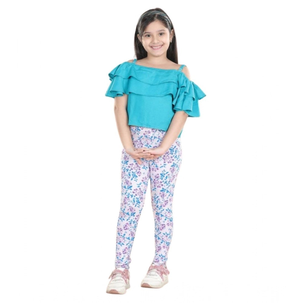 HamariDookan Girl's Cotton Floral Elasticated Jegging and Top Set (Turquoise Blue)