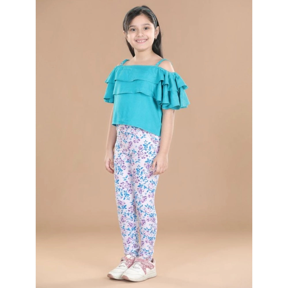 HamariDookan Girl's Cotton Floral Elasticated Jegging and Top Set (Turquoise Blue)