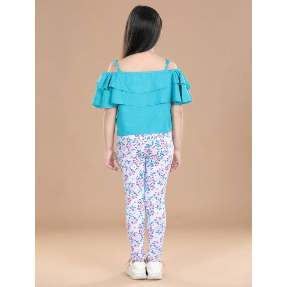 HamariDookan Girl's Cotton Floral Elasticated Jegging and Top Set (Turquoise Blue)