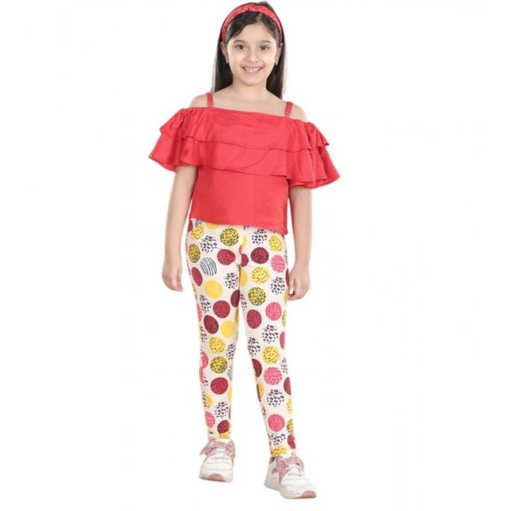 HamariDookan Girl's Cotton Floral Elasticated Jegging and Top Set (Red)