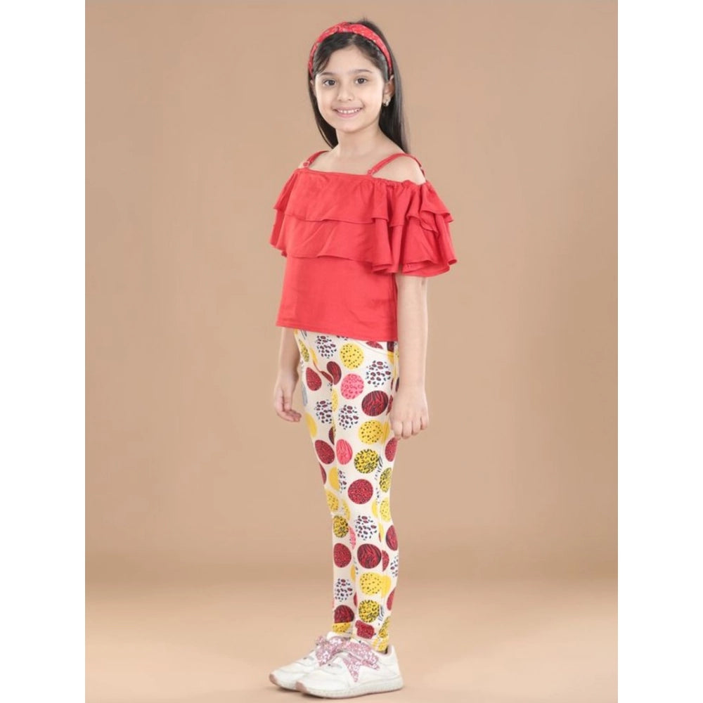HamariDookan Girl's Cotton Floral Elasticated Jegging and Top Set (Red)