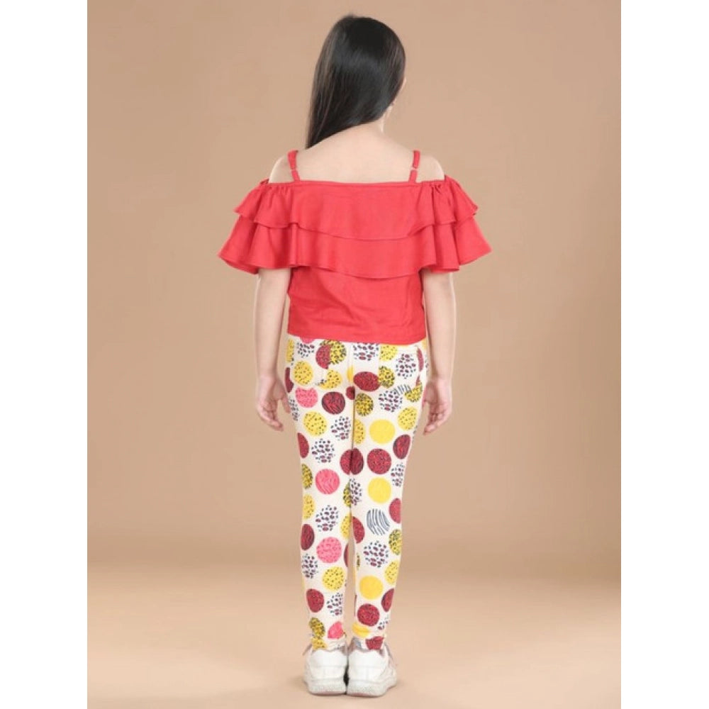 HamariDookan Girl's Cotton Floral Elasticated Jegging and Top Set (Red)