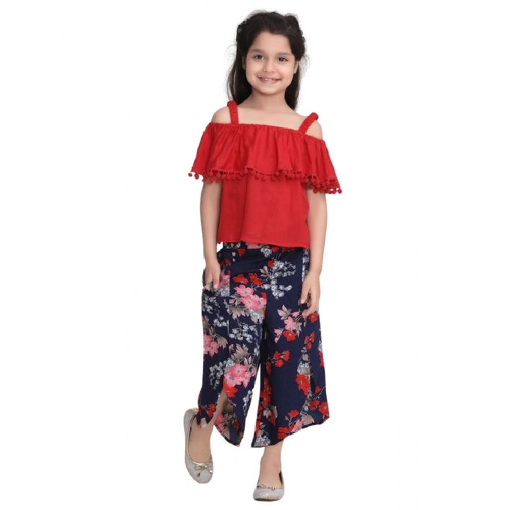 HamariDookan Girl's Rayon Crepe Printed Cold Shoulder Top and Pants Set (Red-Navy)