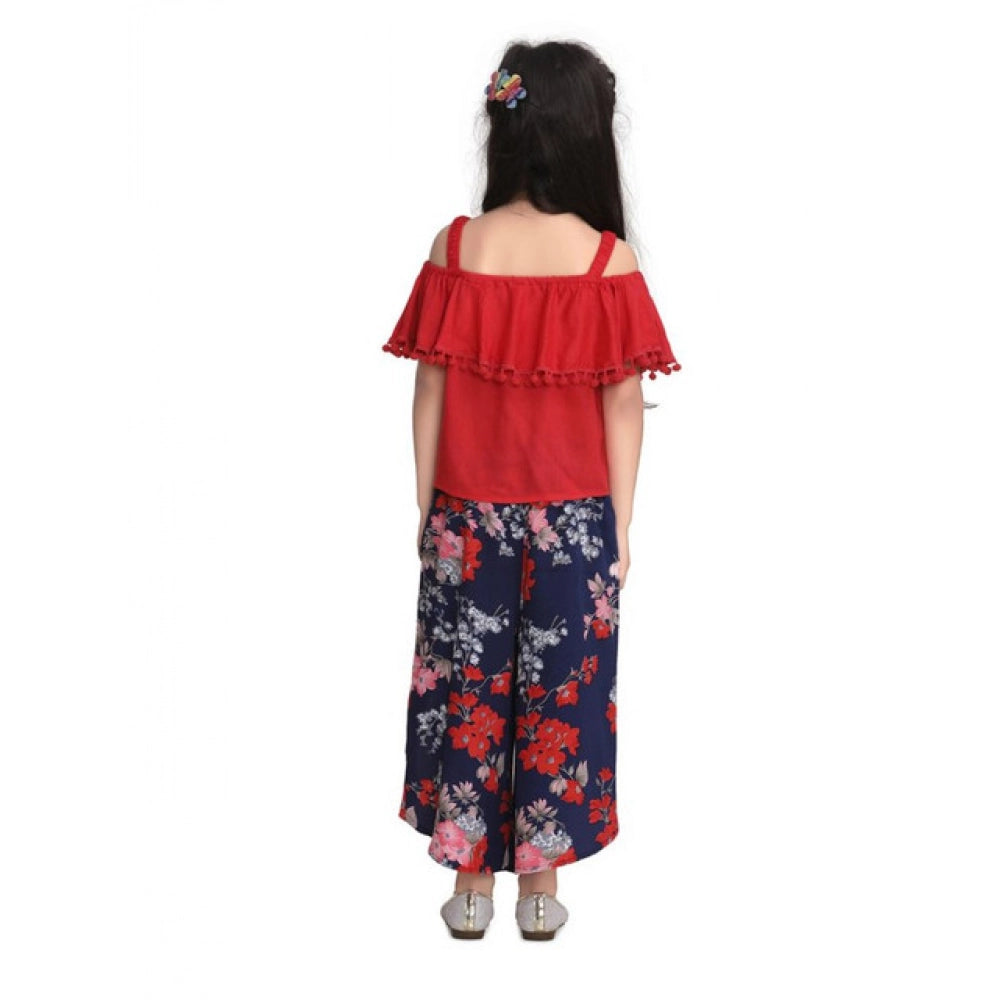 HamariDookan Girl's Rayon Crepe Printed Cold Shoulder Top and Pants Set (Red-Navy)