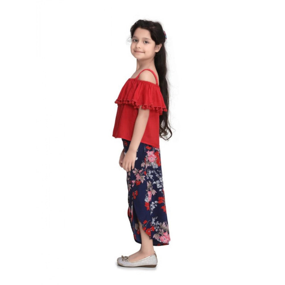 HamariDookan Girl's Rayon Crepe Printed Cold Shoulder Top and Pants Set (Red-Navy)