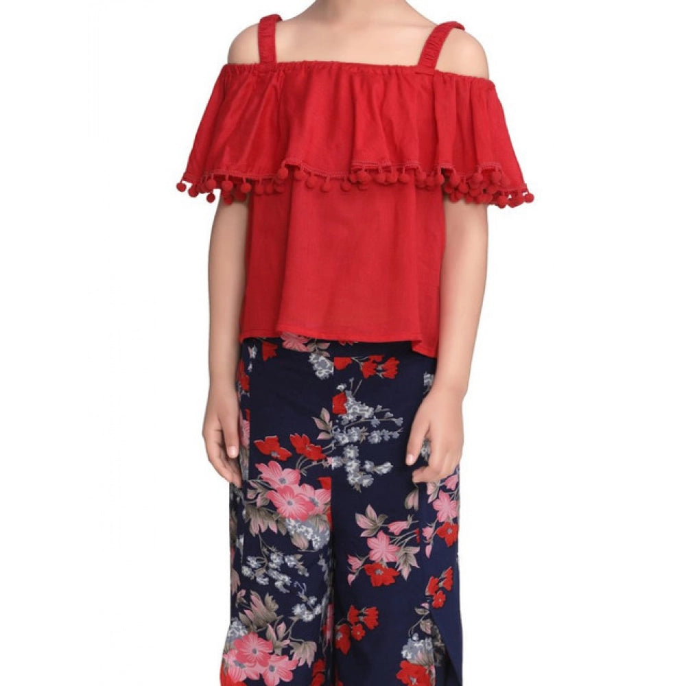 HamariDookan Girl's Rayon Crepe Printed Cold Shoulder Top and Pants Set (Red-Navy)