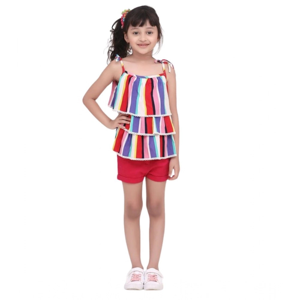 HamariDookan Girl's Polyester Crepe Striped Tie Ups Shorts Set (Multicolor)