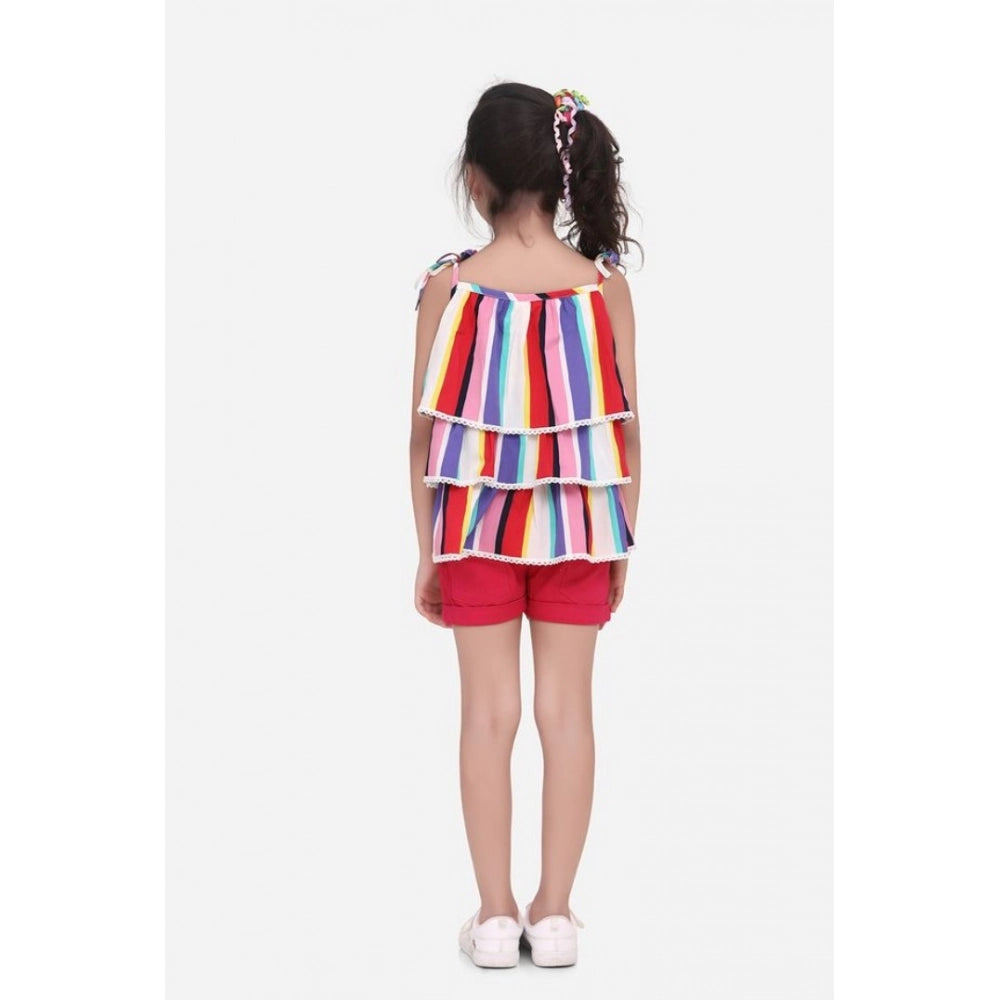 HamariDookan Girl's Polyester Crepe Striped Tie Ups Shorts Set (Multicolor)