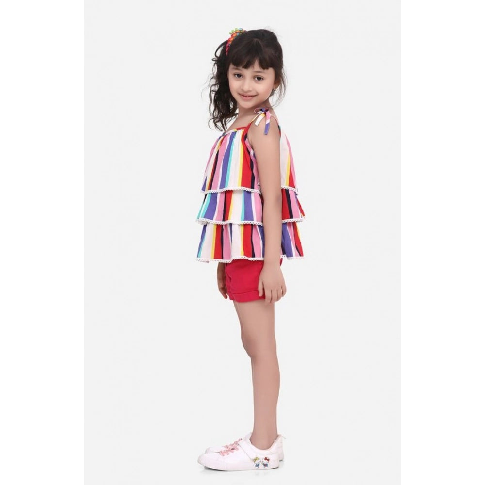 HamariDookan Girl's Polyester Crepe Striped Tie Ups Shorts Set (Multicolor)