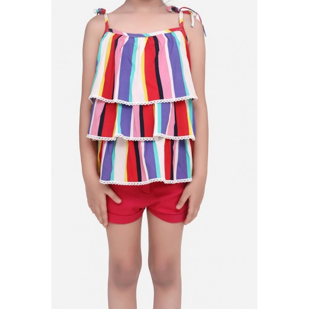 HamariDookan Girl's Polyester Crepe Striped Tie Ups Shorts Set (Multicolor)