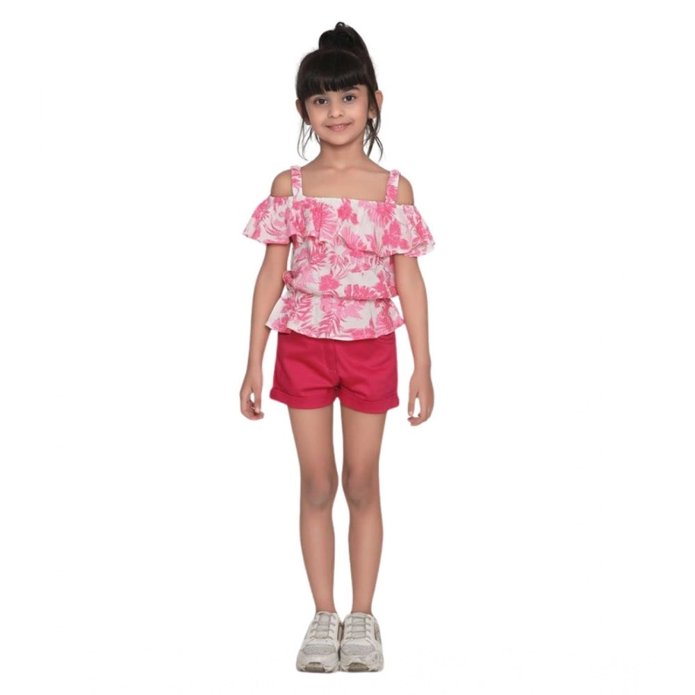 HamariDookan Girl's Cotton Floral Cold Shoulder Top and Shorts Set (Pink-Red)