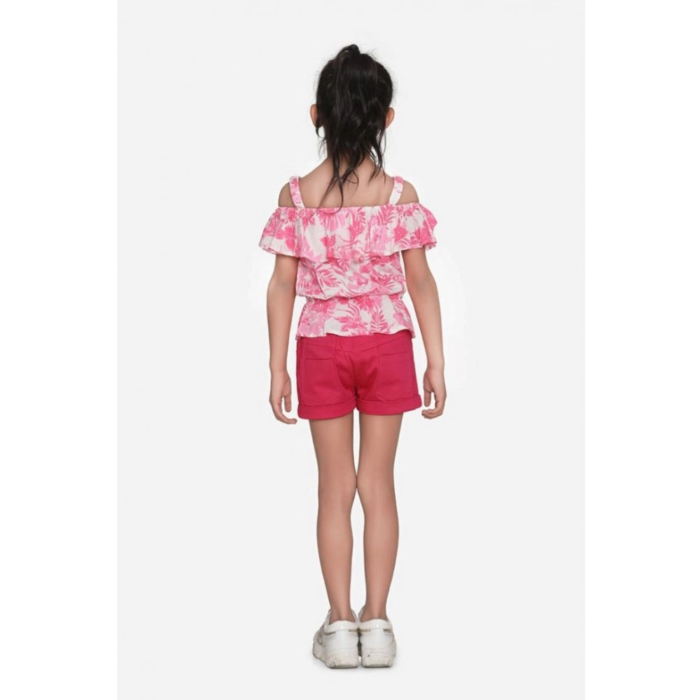 HamariDookan Girl's Cotton Floral Cold Shoulder Top and Shorts Set (Pink-Red)