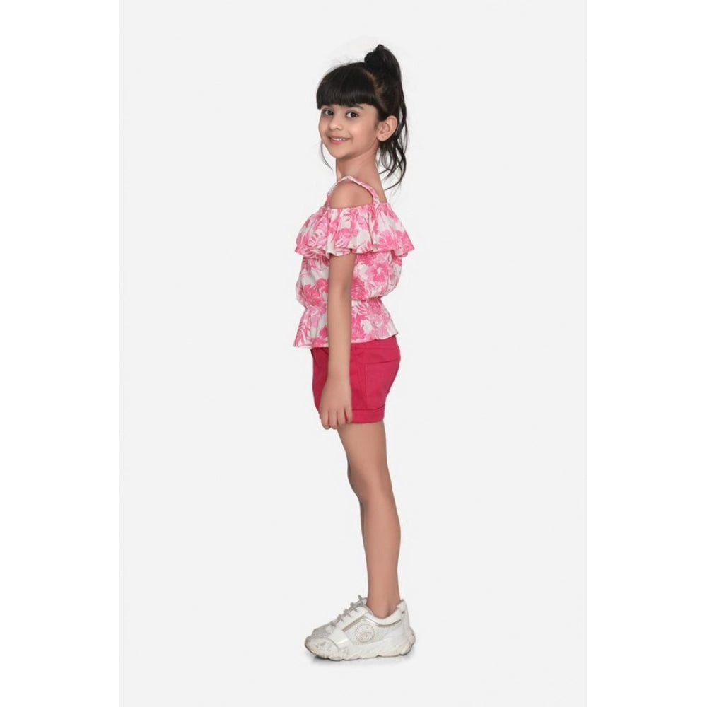 HamariDookan Girl's Cotton Floral Cold Shoulder Top and Shorts Set (Pink-Red)
