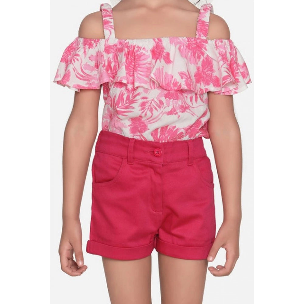 HamariDookan Girl's Cotton Floral Cold Shoulder Top and Shorts Set (Pink-Red)