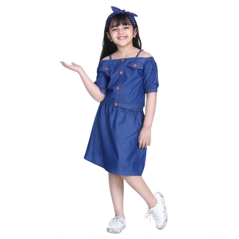 HamariDookan Girl's Denim Solid Cold Shoulder Top and Skirt Set (Navy Blue)