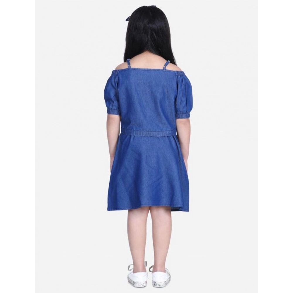 HamariDookan Girl's Denim Solid Cold Shoulder Top and Skirt Set (Navy Blue)