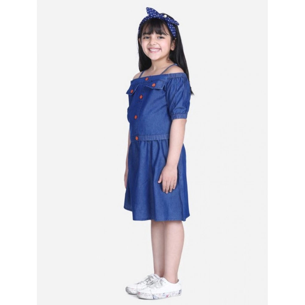 HamariDookan Girl's Denim Solid Cold Shoulder Top and Skirt Set (Navy Blue)