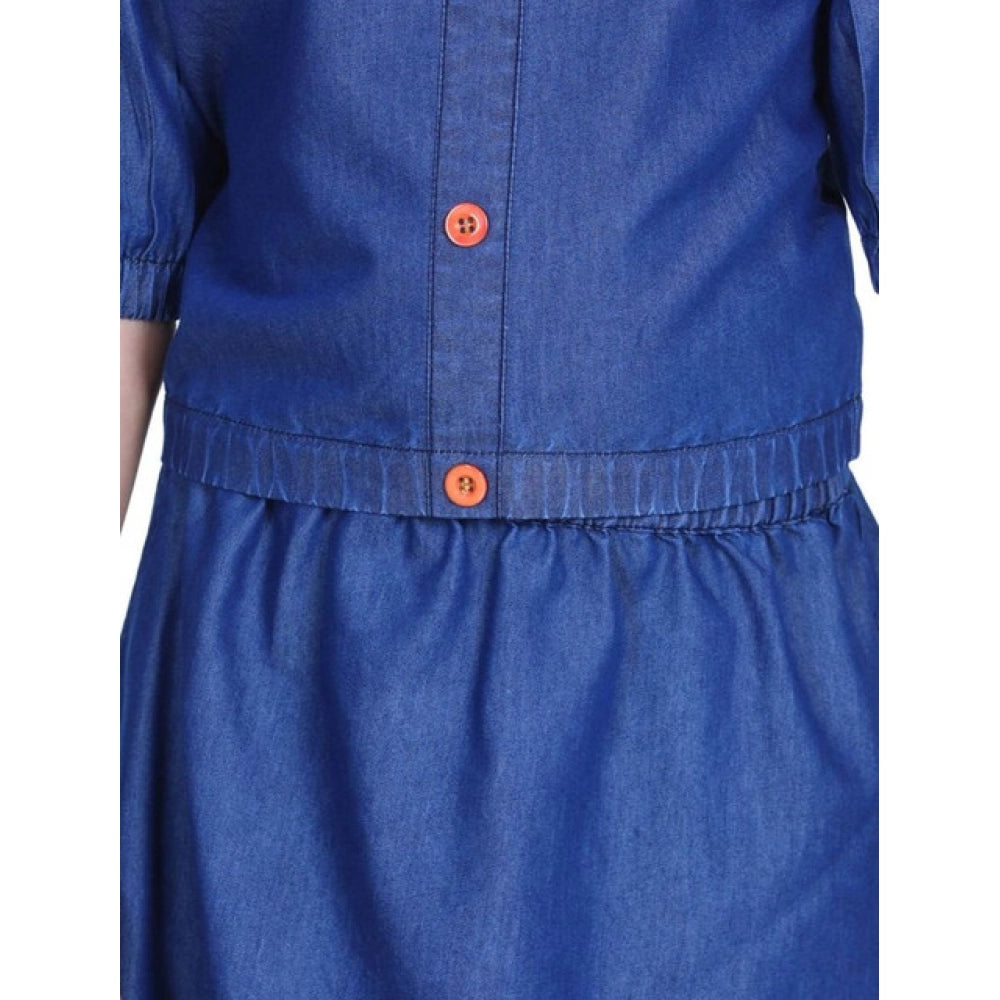 HamariDookan Girl's Denim Solid Cold Shoulder Top and Skirt Set (Navy Blue)