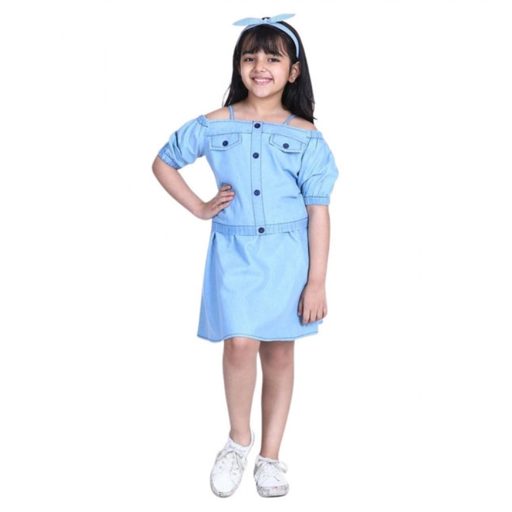 HamariDookan Girl's Denim Solid Cold Shoulder Top and Skirt Set (Light Blue)