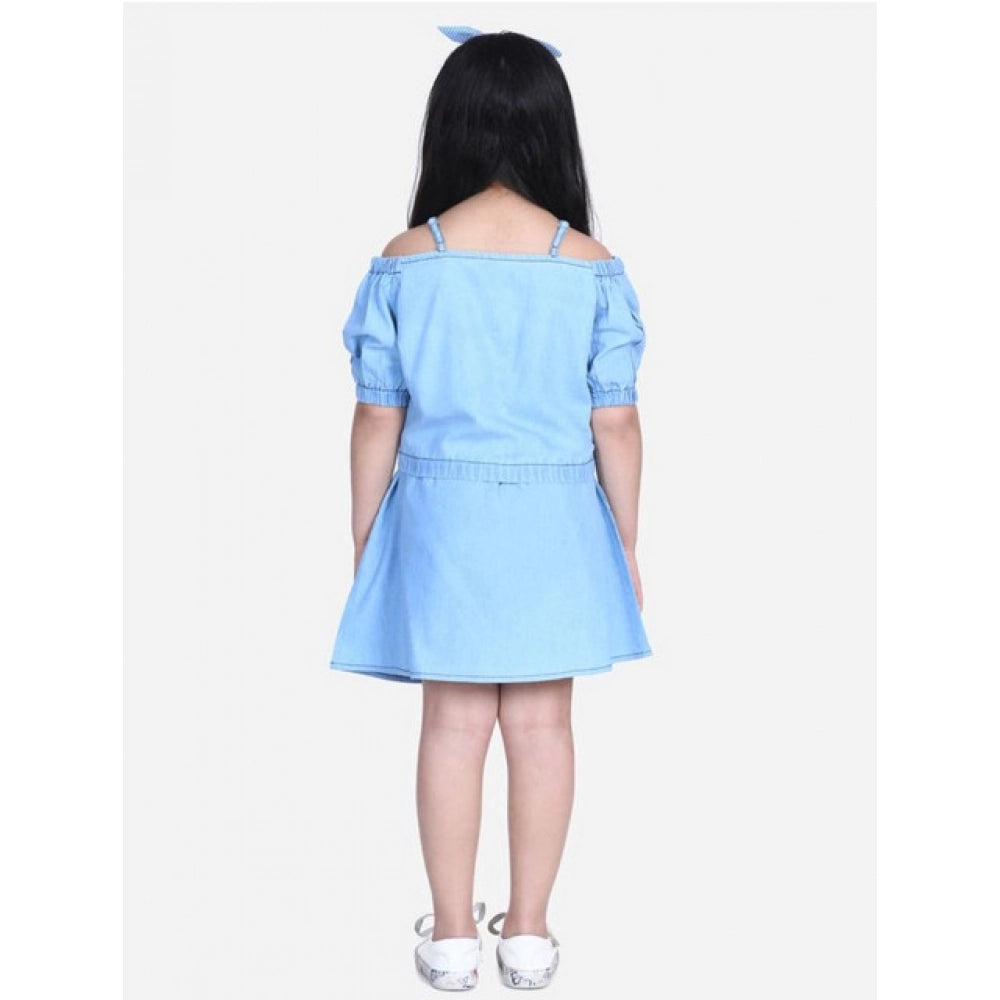 HamariDookan Girl's Denim Solid Cold Shoulder Top and Skirt Set (Light Blue)
