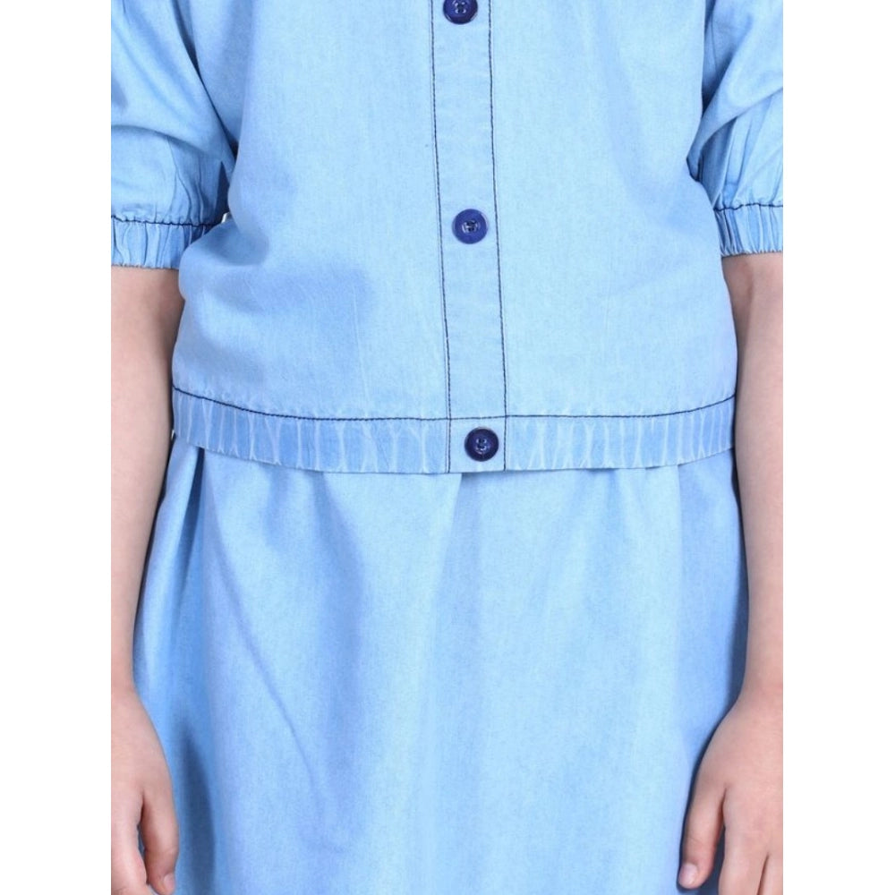 HamariDookan Girl's Denim Solid Cold Shoulder Top and Skirt Set (Light Blue)